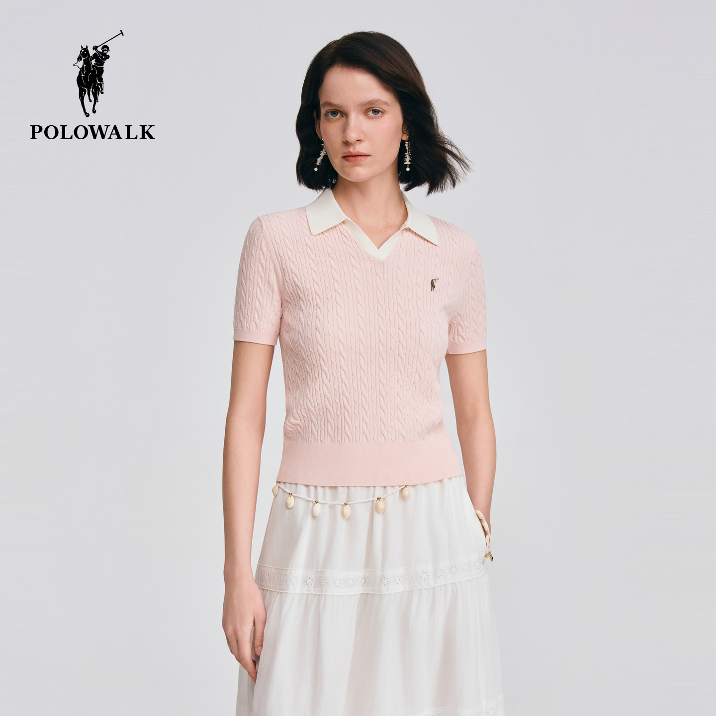 【520礼物】POLOWALK女式短袖针织衫2026夏季绞花修身V领针织衫