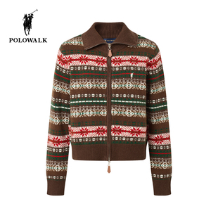 【100%绵羊毛】POLOWALK女式羊毛衫2025冬季新品翻领费尔岛风开衫
