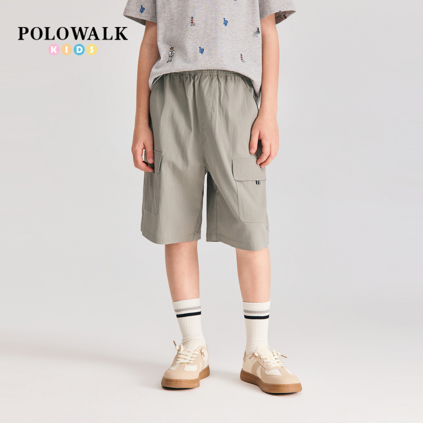 POLOWALK童装男童五分裤2026夏季新品松紧腰工装风直筒休闲中裤