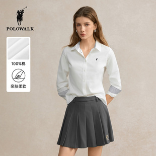 【100%纯棉】POLOWALK女式长袖衬衫2026春季新品翻领收腰开衫上衣