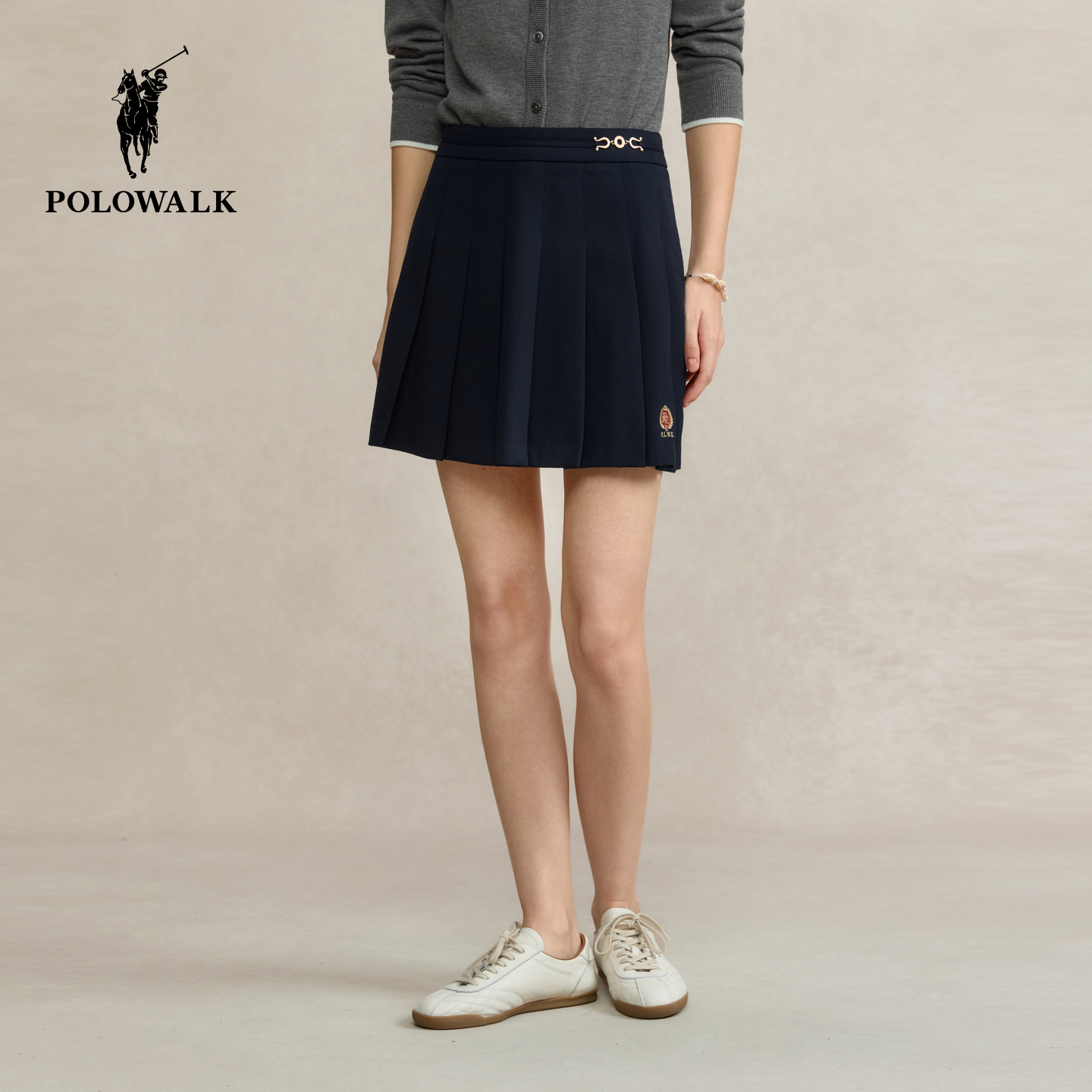 POLOWALK女式百褶半身裙2025秋冬裤新品学院风甜美女装通勤A字裙