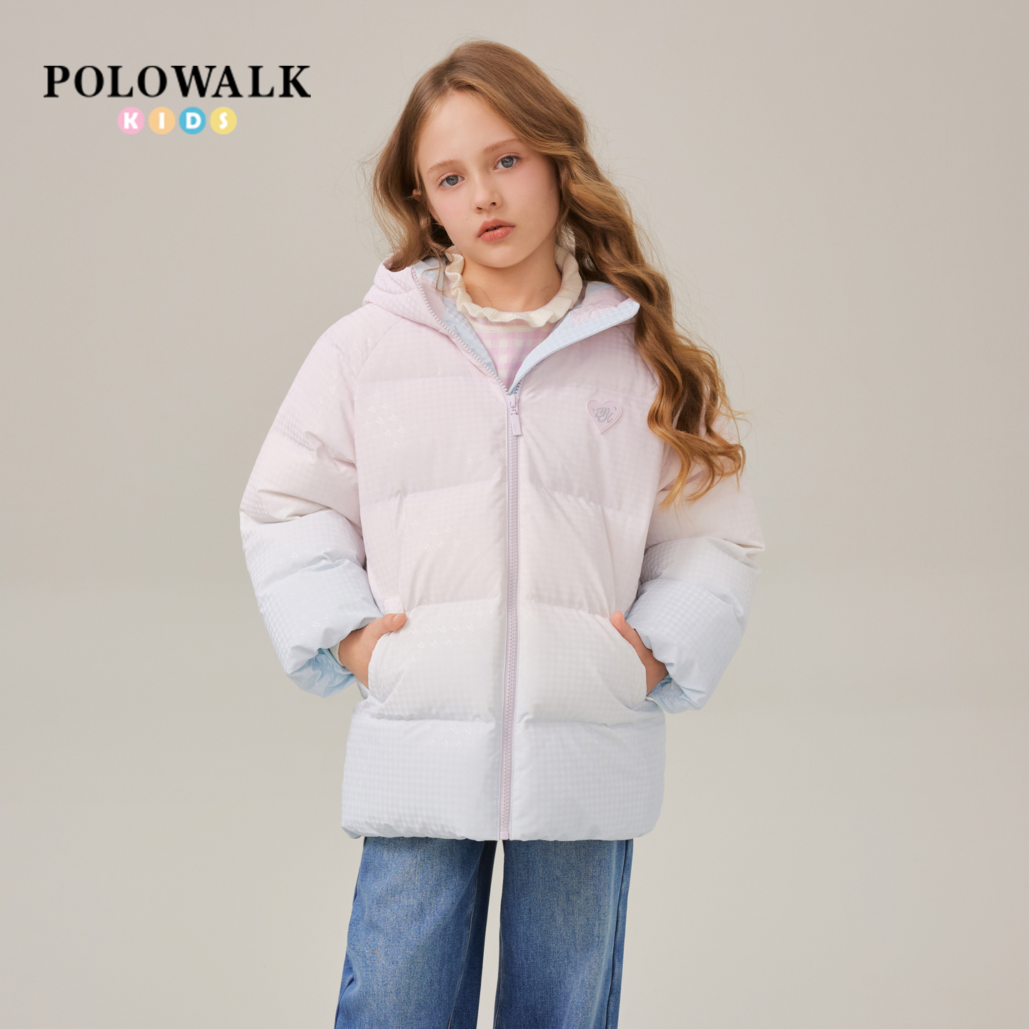 POLOWALK童装女童羽绒服2025冬季新品渐变色90鸭绒连帽羽绒外套