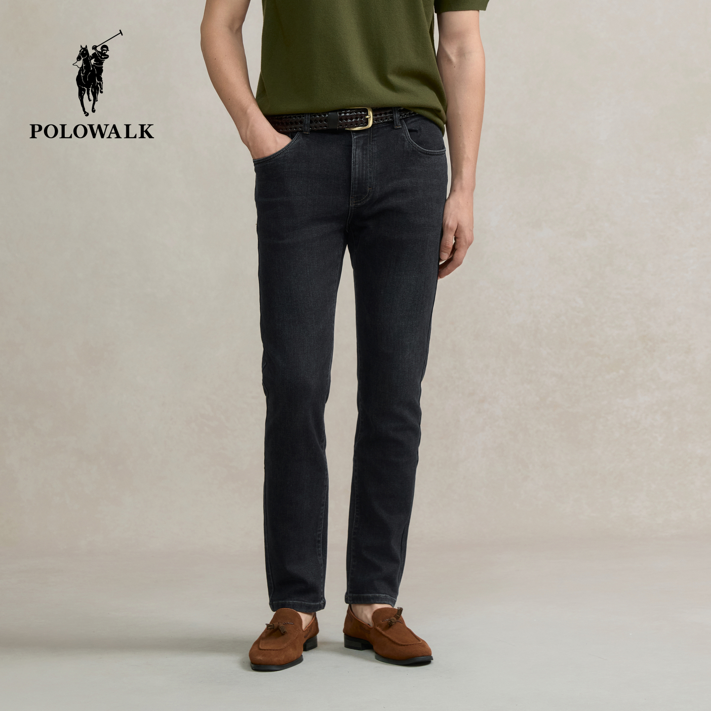 POLOWALK男式牛仔裤2025秋冬裤新品经典复古深色修身牛仔长裤子