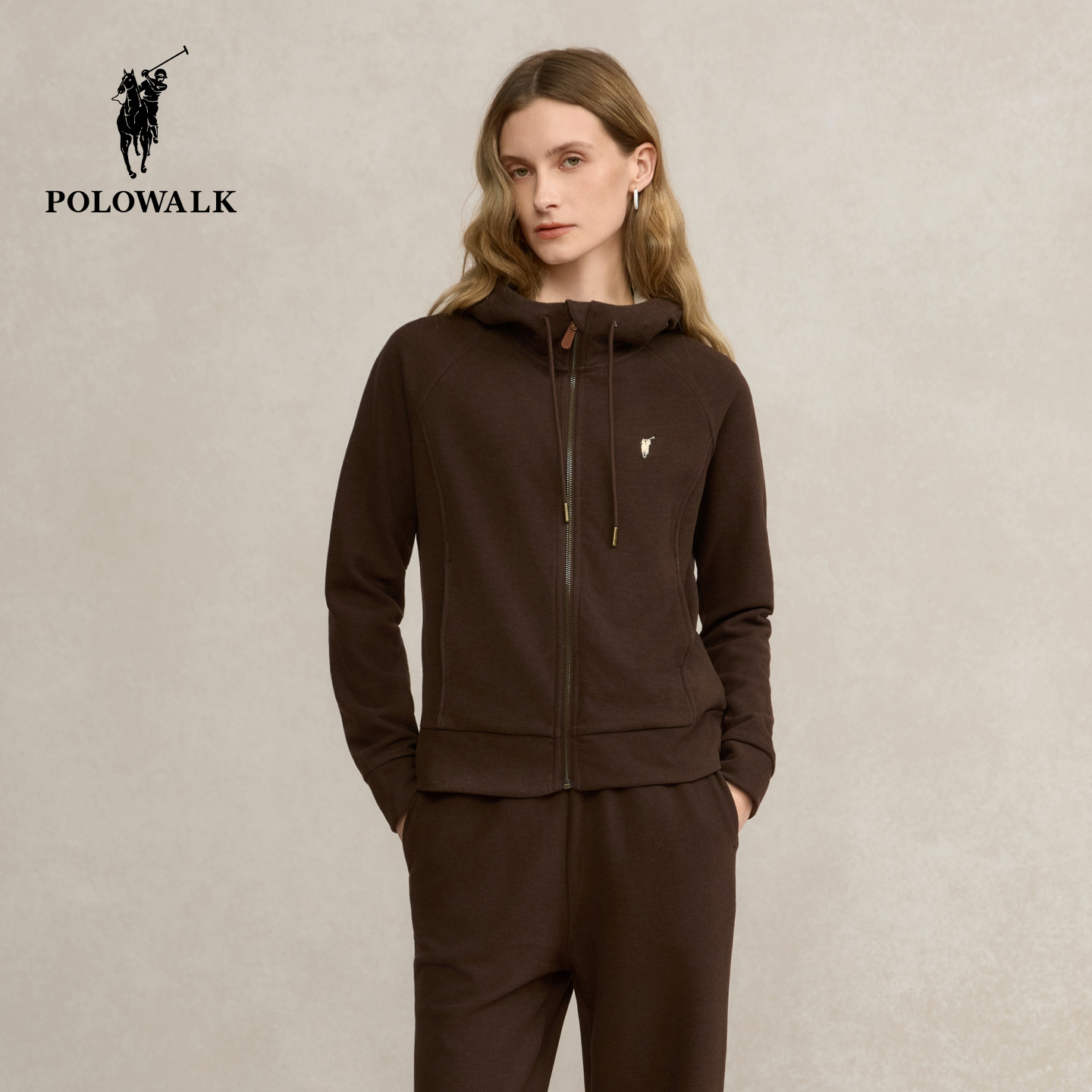 POLOWALK女装2025秋季新品女式卫衣纯色连帽运动休闲风外