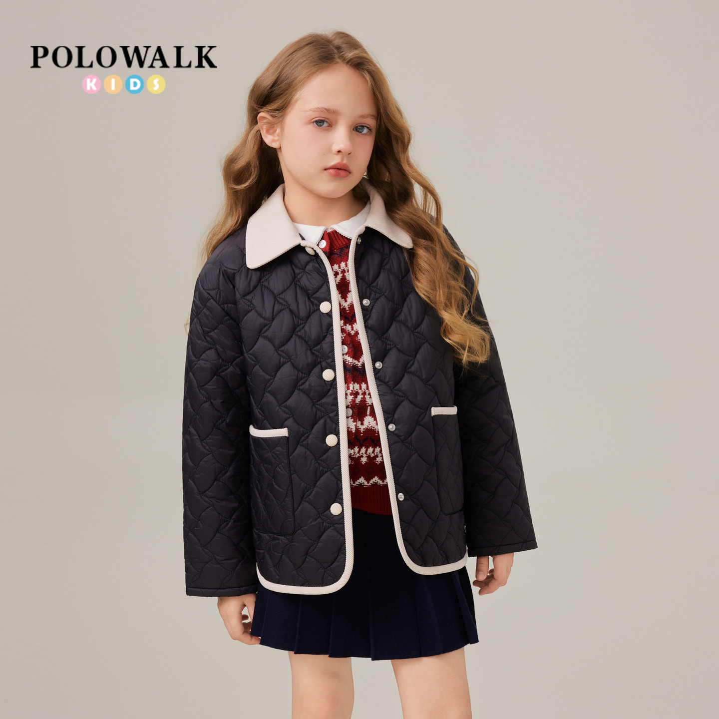 POLOWALK童装女童棉服秋冬时尚简约翻领大童保暖棉服外套