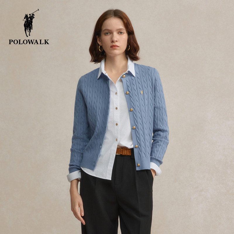 POLOWALK女式针织衫2026春季新品绞花毛衣圆领针织开衫红色毛衣女