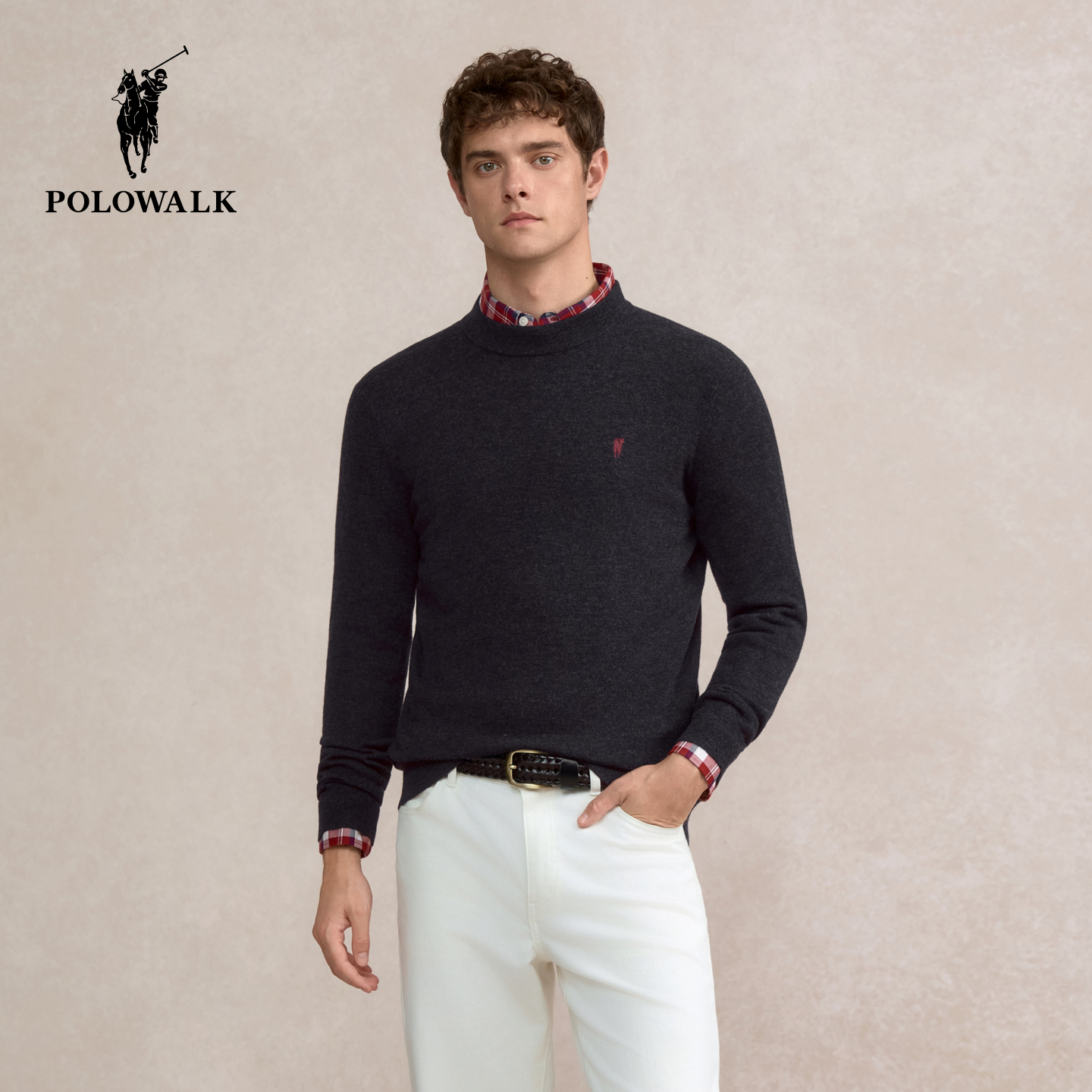 【100%绵羊毛】POLOWALK男式羊毛衫2025冬季新品套头圆领打底衫男