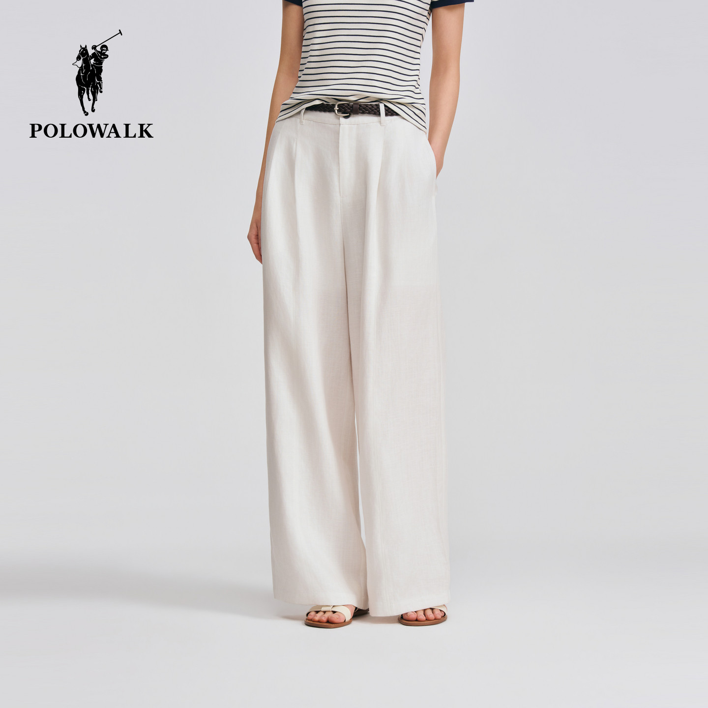 POLOWALK女式休闲裤2026春夏裤新品亚麻混纺阔腿编织腰带休闲长裤 - POLOWALK官方旗舰店出品