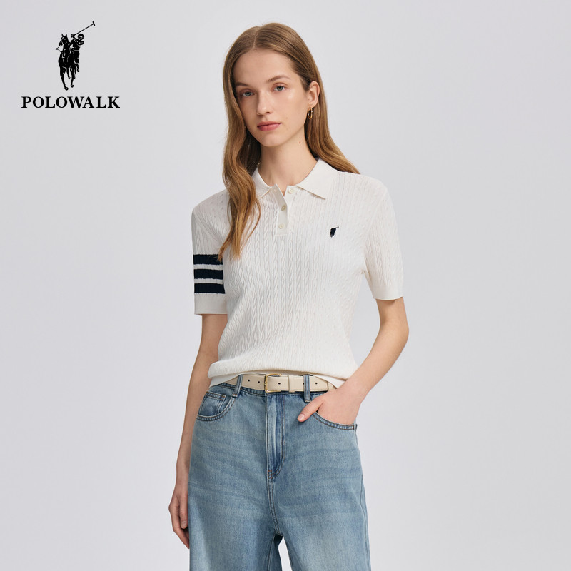 POLOWALK女式短袖针织衫2026春季新品休闲撞色翻领T恤上衣百搭