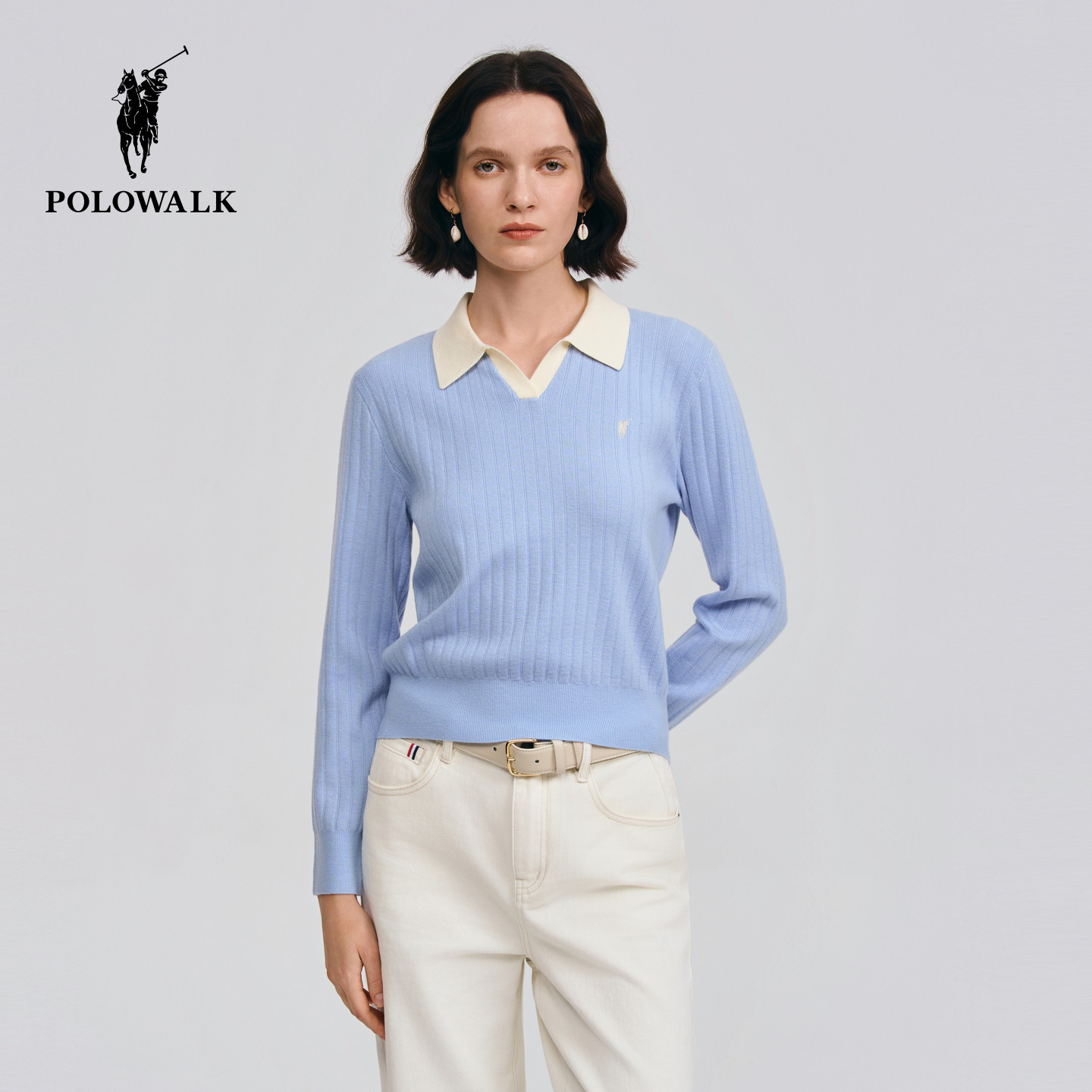 POLOWALK女式长袖针织衫2026春季新品休闲套头翻领显瘦针