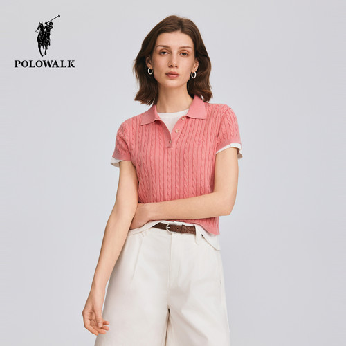 [特惠]POLOWALK女式短袖针织衫修身显瘦绞花翻领套头针织衫