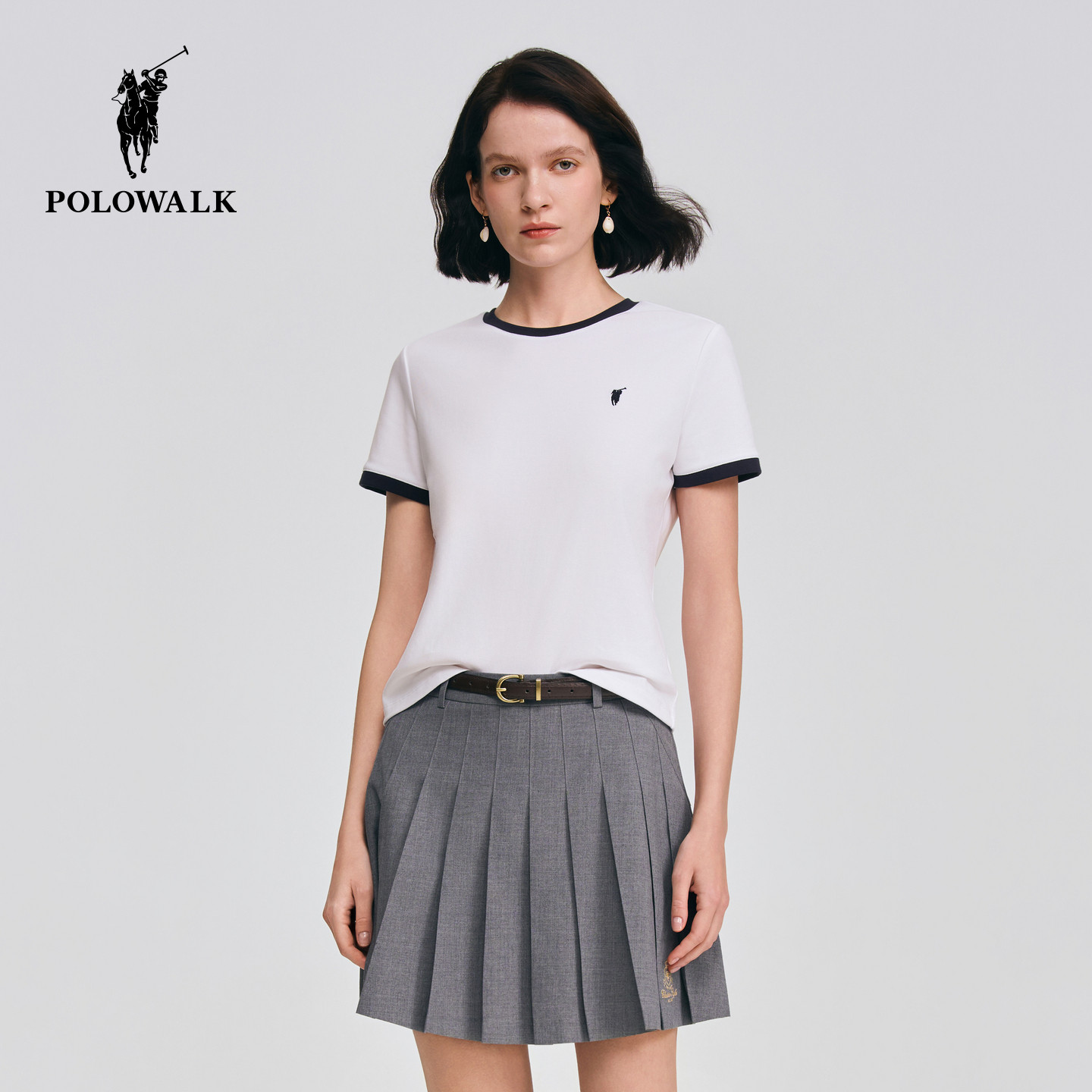 POLOWALK女式短袖2026夏季新品女装时尚撞色圆领休闲短袖