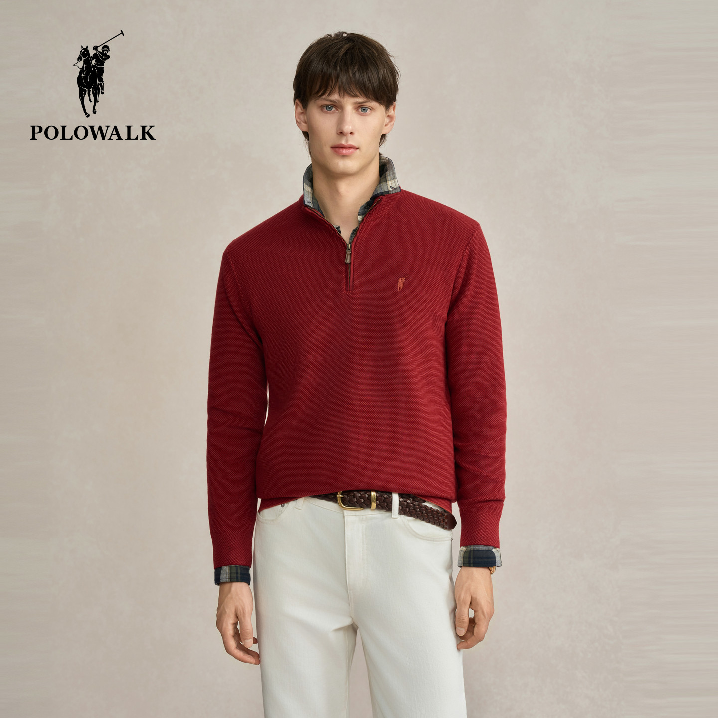 POLOWALK男式针织衫2025秋季新品新年红色通勤半拉链立领套头衫男