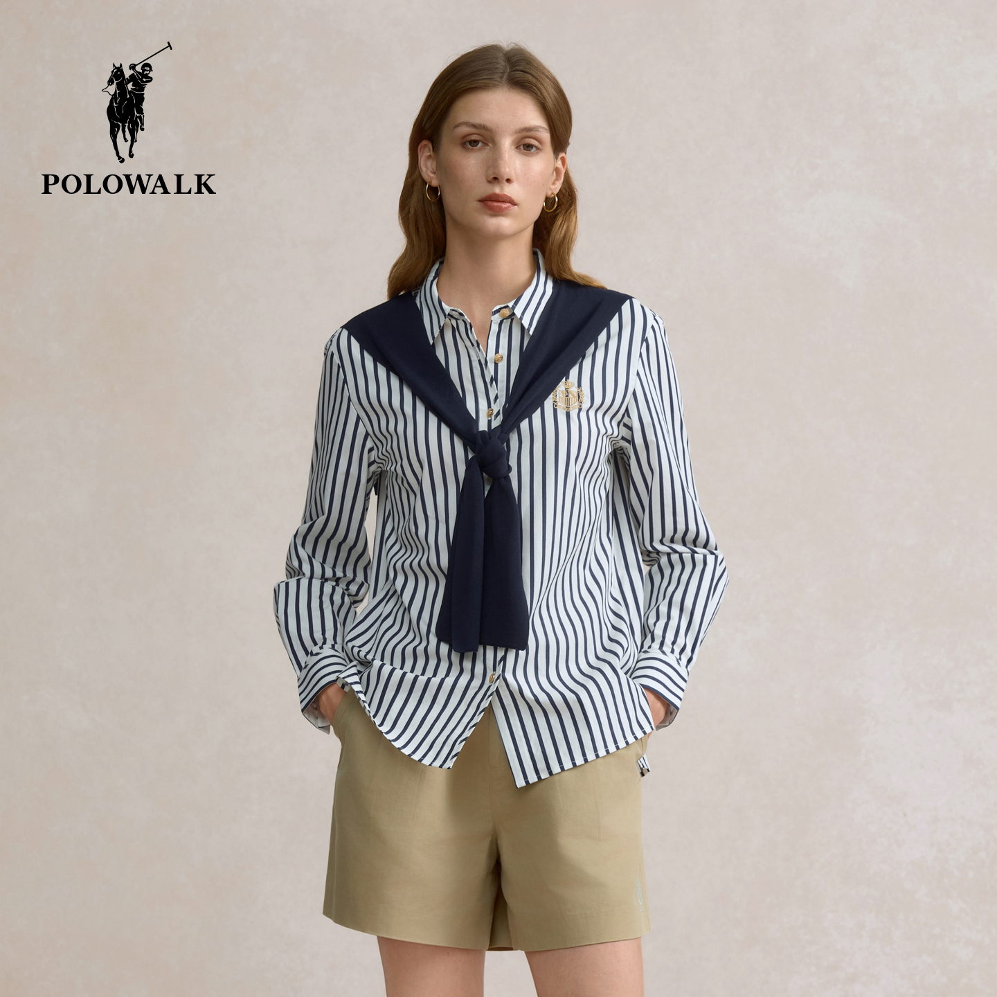 POLOWALK女装2025秋季新品女式长袖衬衫时尚百搭设计感条纹衬衣女