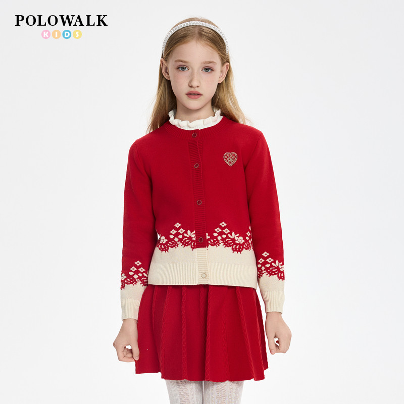 POLOWAL女童长袖针织春季款套装裙装新年红色开衫百搭潮流大童