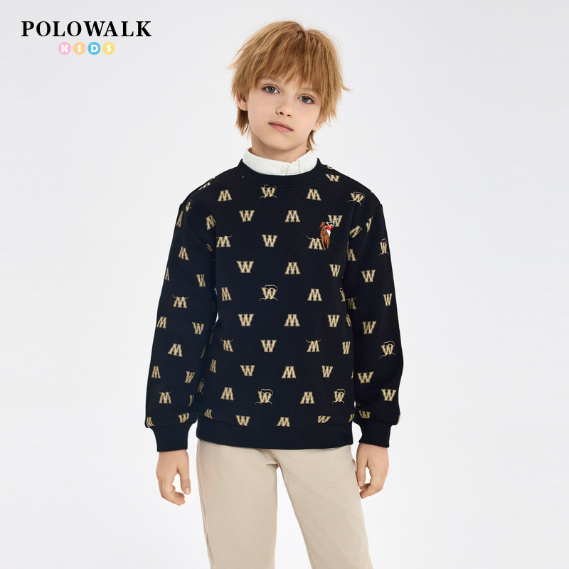 POLOWALK童装男童圆领加绒卫衣新款秋冬中大童保暖上衣内搭潮