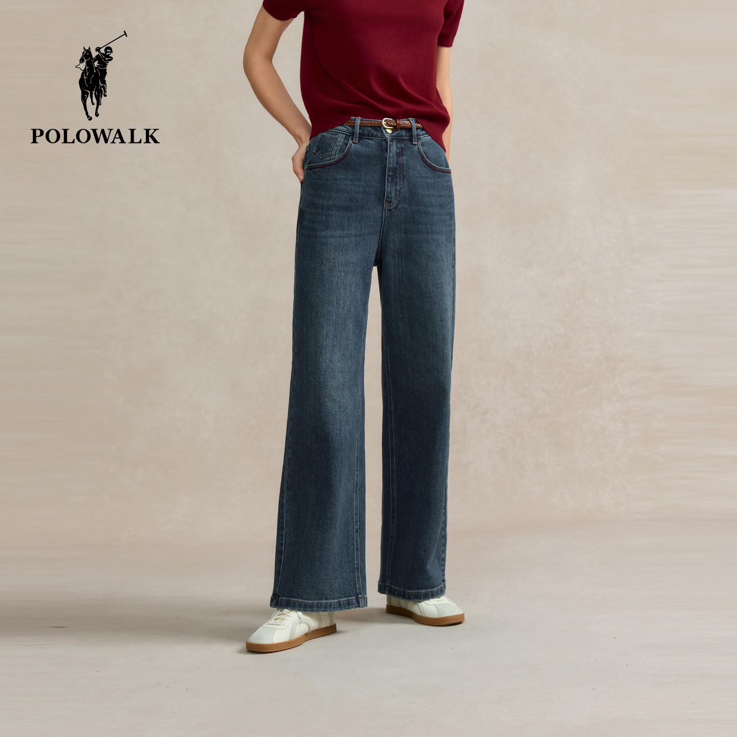 POLOWALK女式直筒宽松牛仔裤2025秋冬新品时尚微喇显瘦阔腿长裤