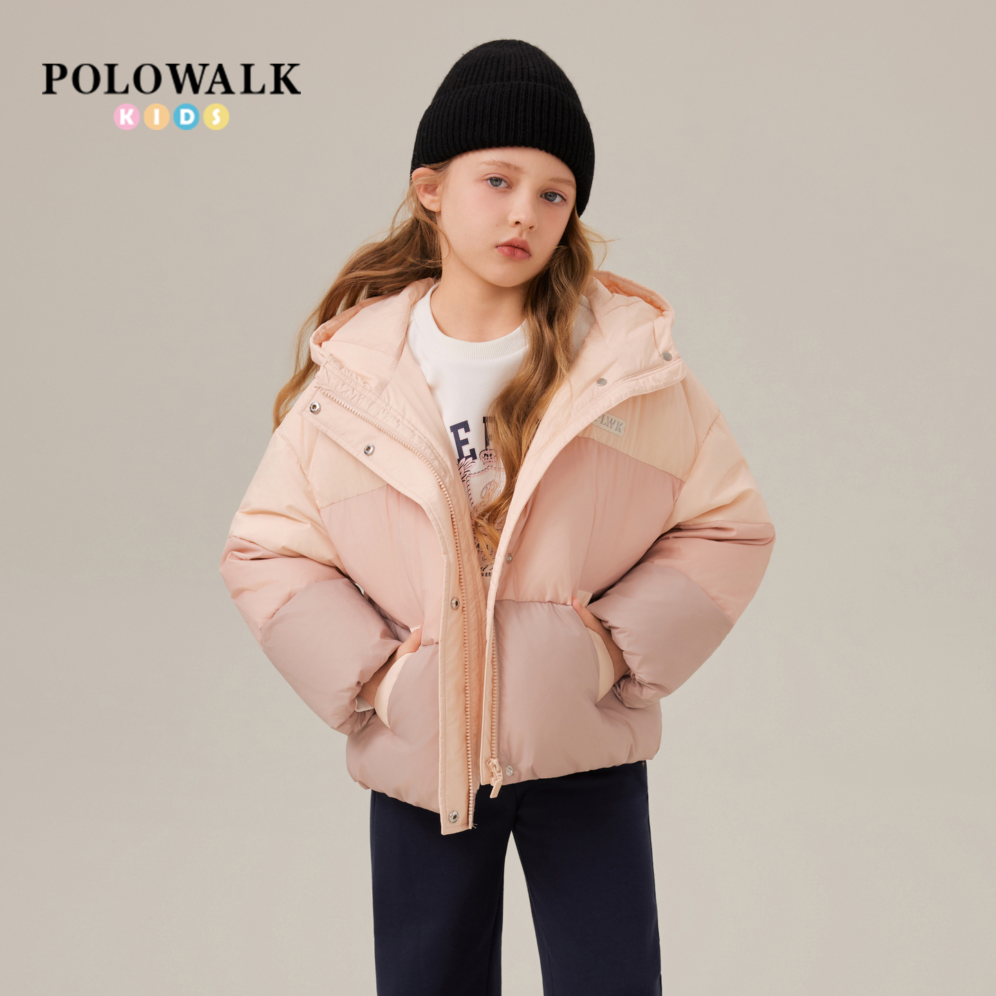POLOWALK童装女童羽绒服2025冬季新品撞色宽松90鸭绒保暖羽绒外套