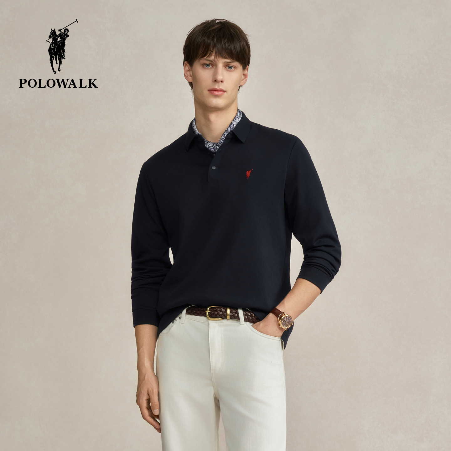 POLOWALK男式长袖T恤2025冬季新品商务休闲翻领加绒上衣打底衫男
