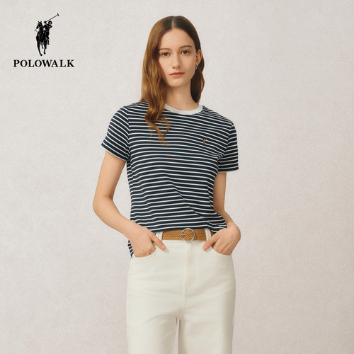 POLOWALK女式短袖T恤圆V领条纹