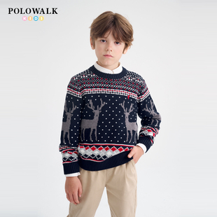 POLOWALK童装毛衣男秋冬新款儿童毛衫卡通圆领时尚打底衫男童