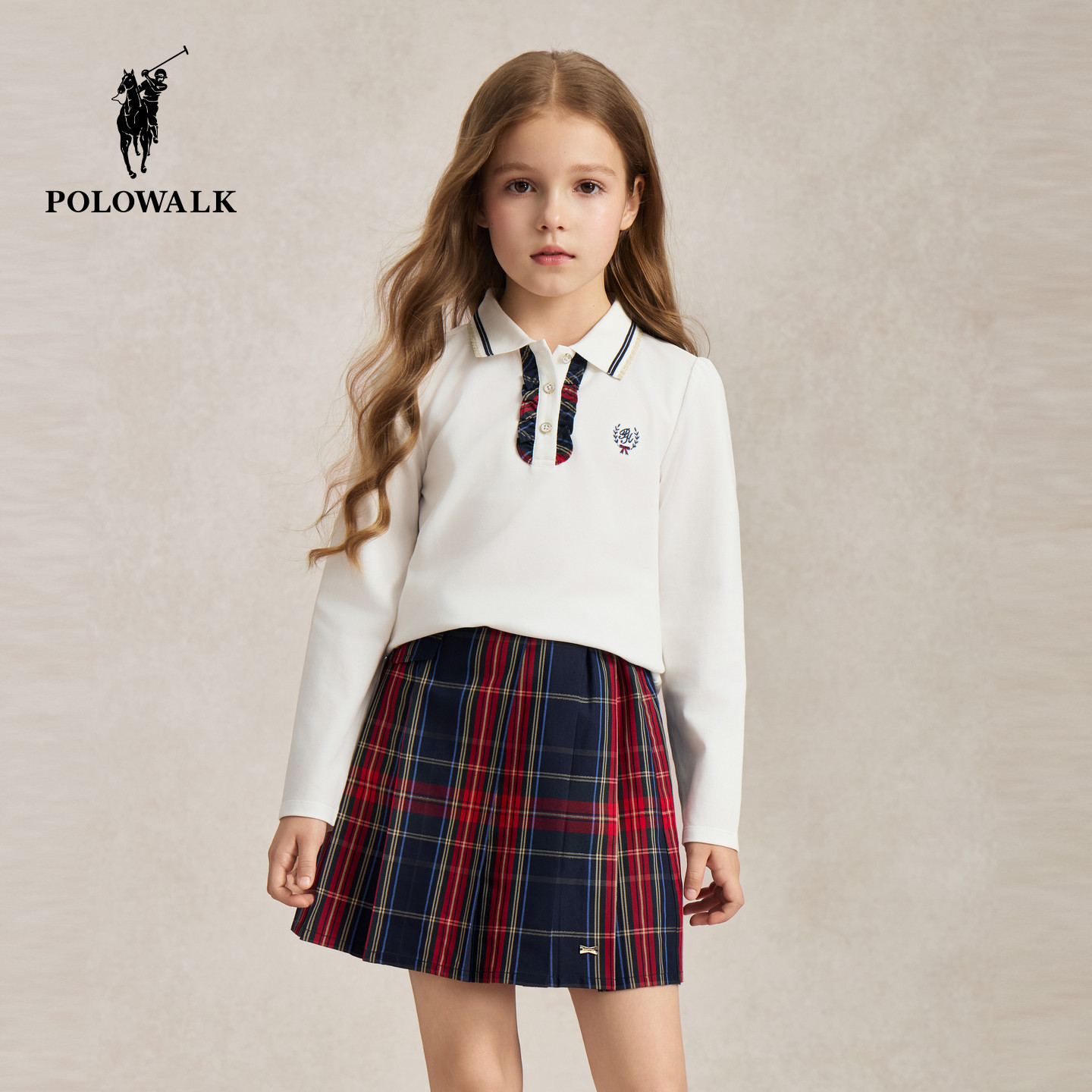 POLOWALK女童长袖T恤2026早秋新品POLO翻领刺绣徽章校园百搭童装