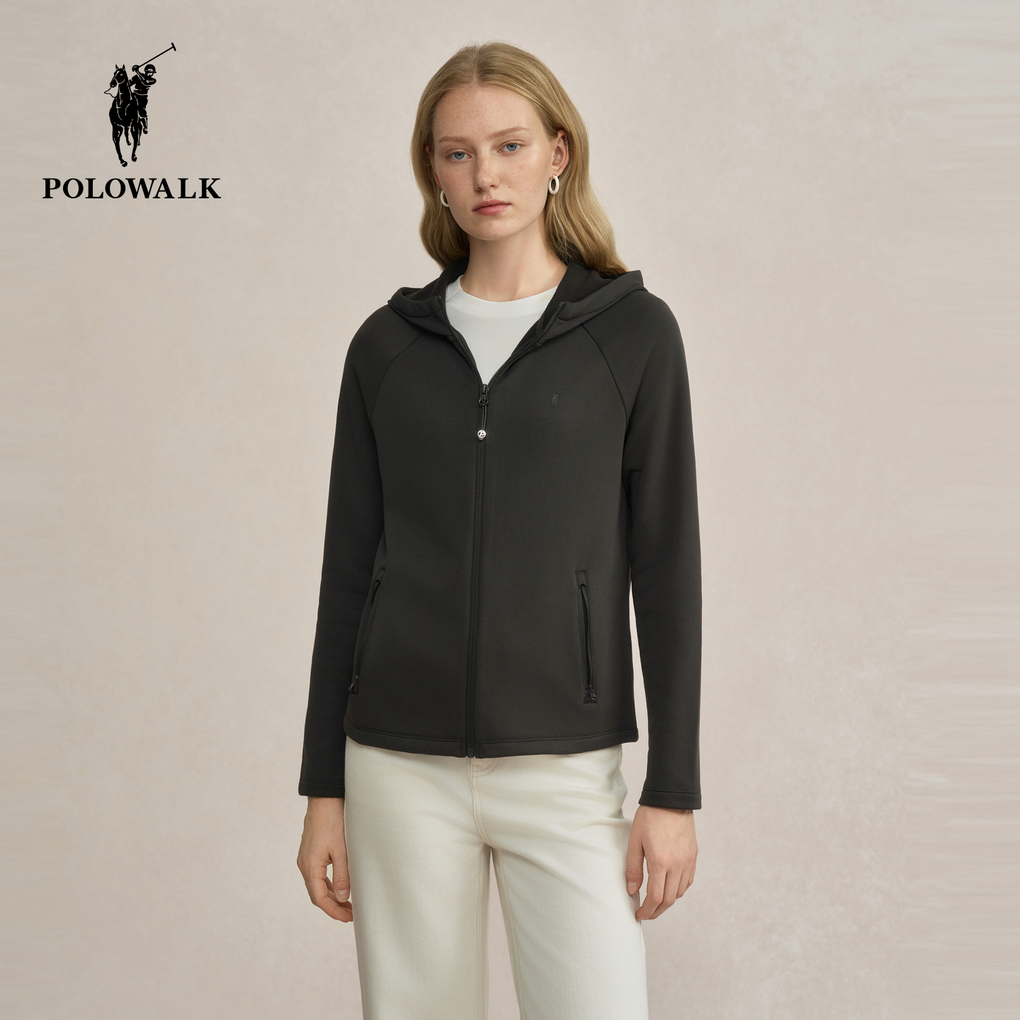 POLOWALK女式卫衣2025秋季新品简约显瘦休闲运动连帽加绒外套女
