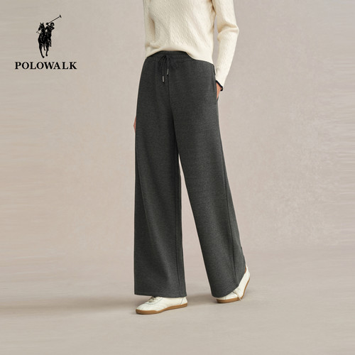 POLOWALK女式加绒针织裤2025秋冬裤百搭保暖直筒松紧腰阔腿长裤子
