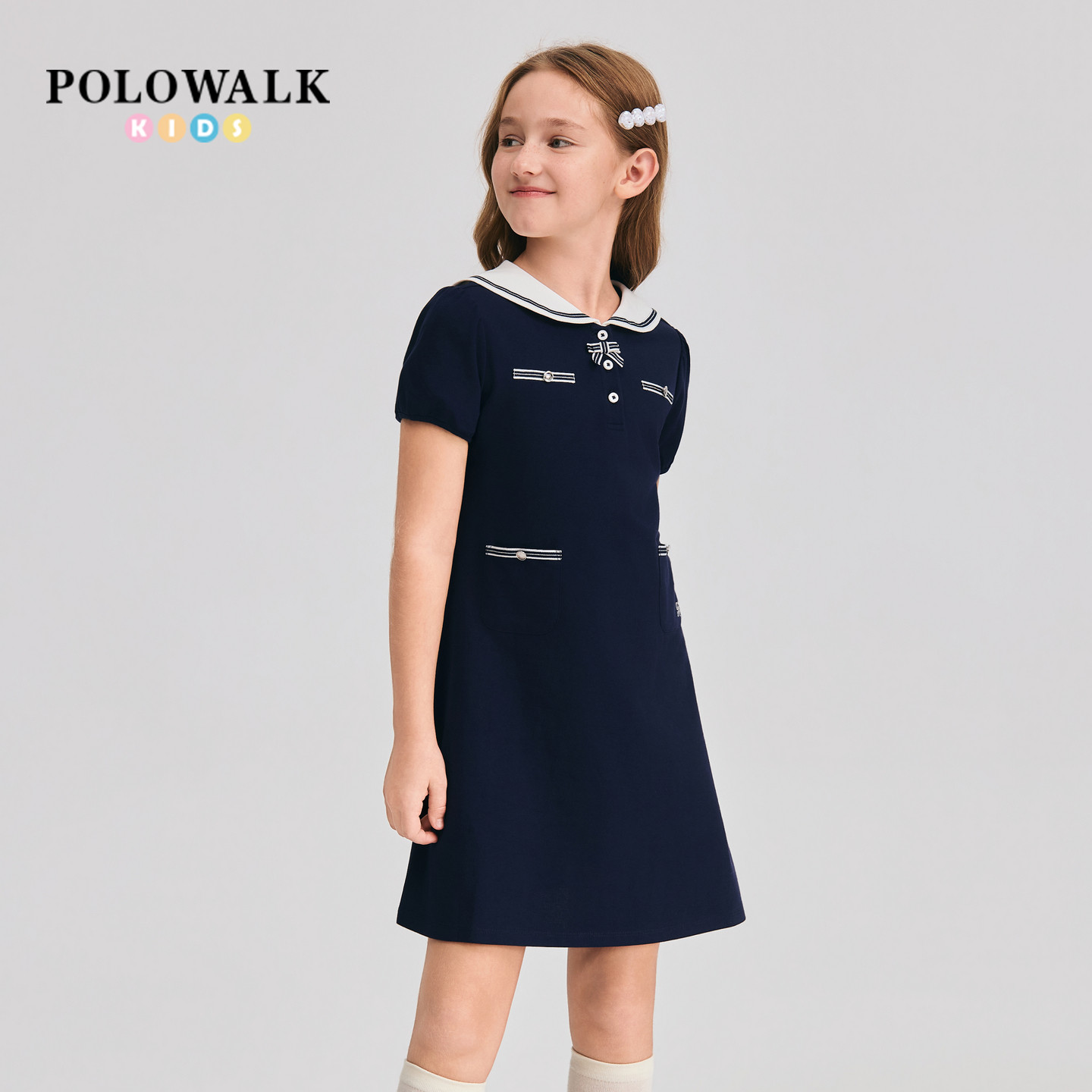 POLOWALK童装女童短袖连衣裙2026夏季新品唯美娃娃领蝴蝶结连衣裙
