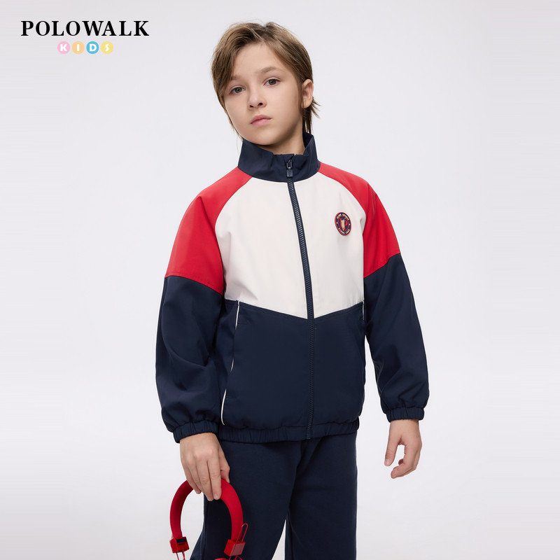 POLOWALK童装男童外套春季立领拼色休闲运动短外套中大童上衣