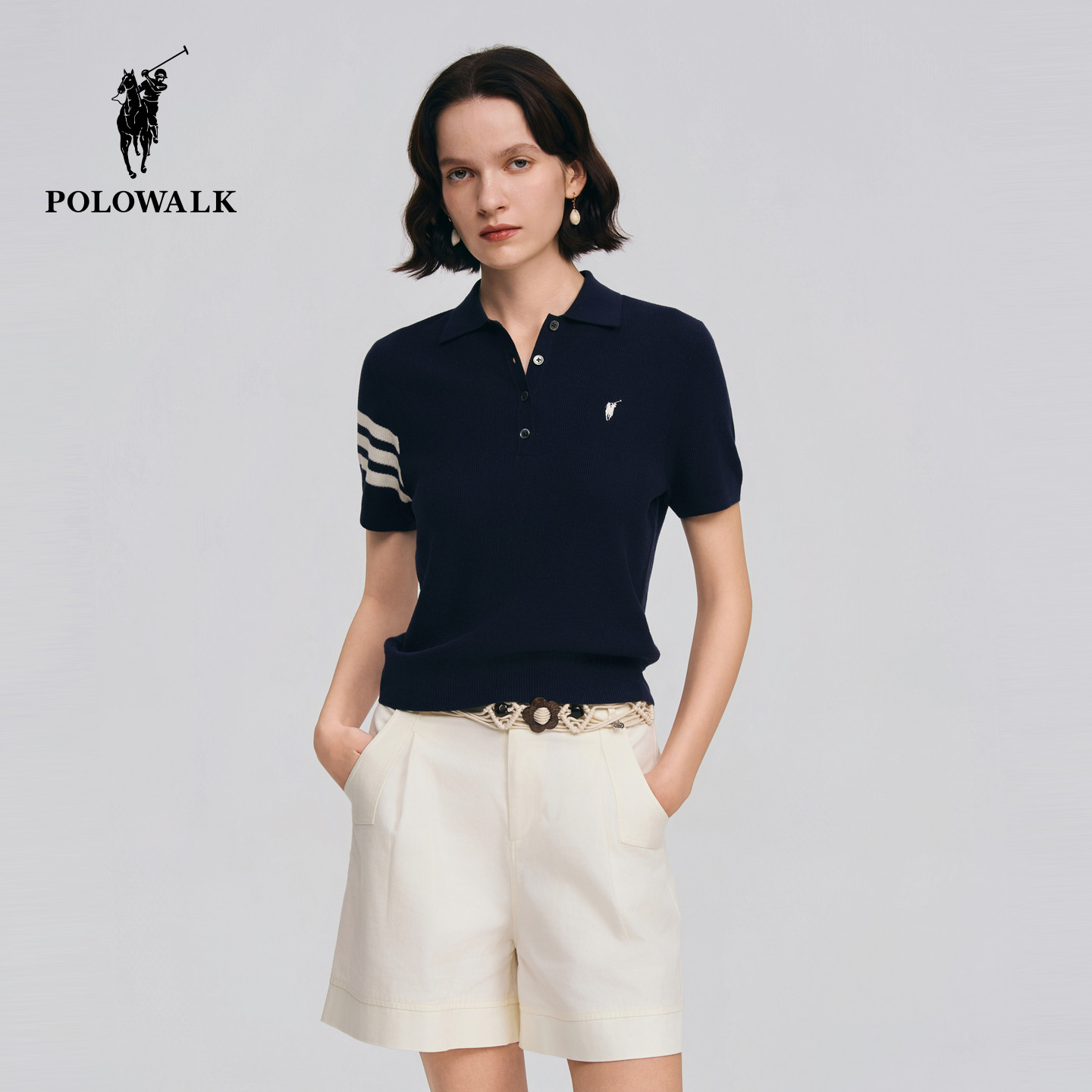 POLOWALK女式短袖针织衫2026春季新品休闲撞色翻领T恤上衣百搭
