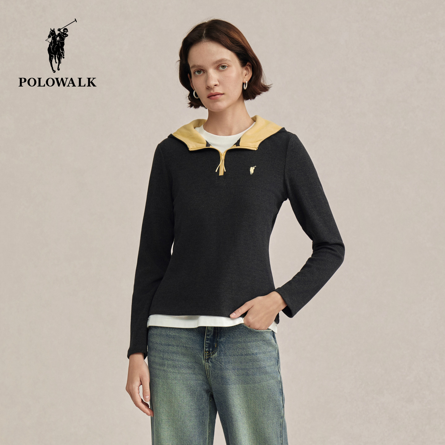 POLOWALK女式长袖T恤2025秋季新品女装显瘦休闲运动连帽