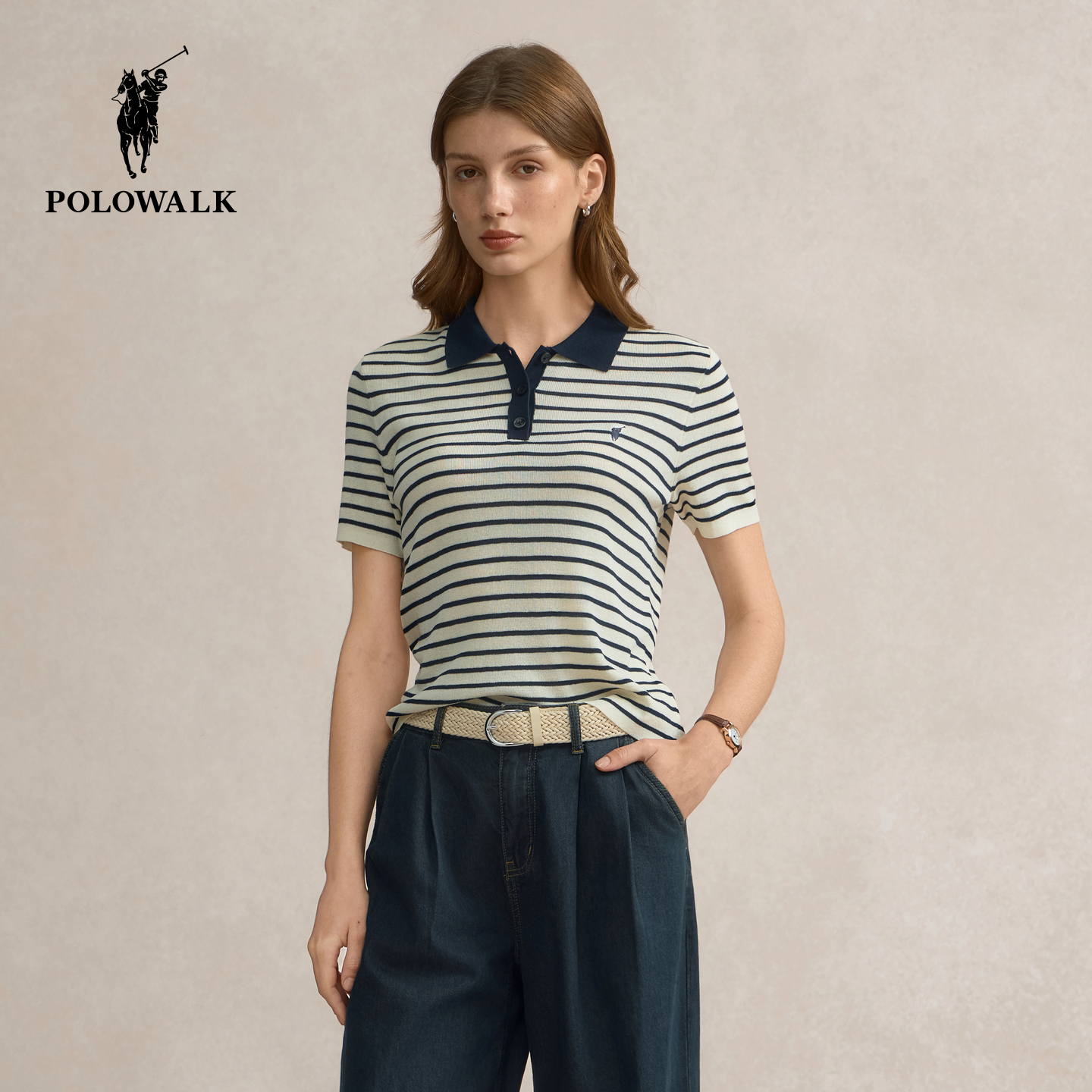 POLOWALK女式短袖针织衫2025秋季新品条纹翻领质感打底衫上衣