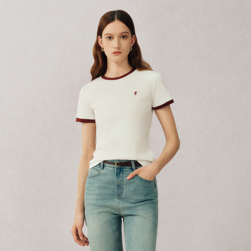 POLOWALK短袖圆领T恤女式春夏款撞色打底休闲时尚百搭显瘦上衣