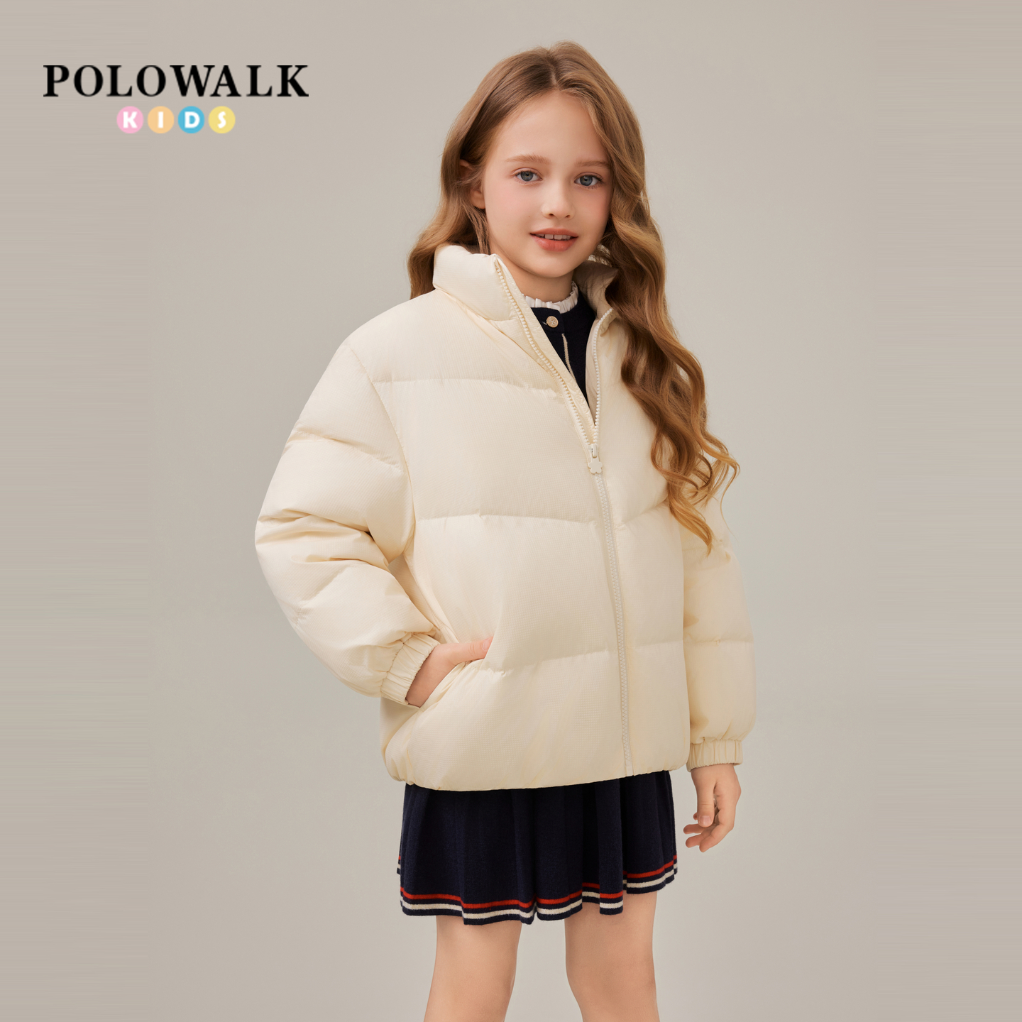 POLOWALK童装女童羽绒服2025冬季新品立领宽松90鸭绒保暖羽绒外套