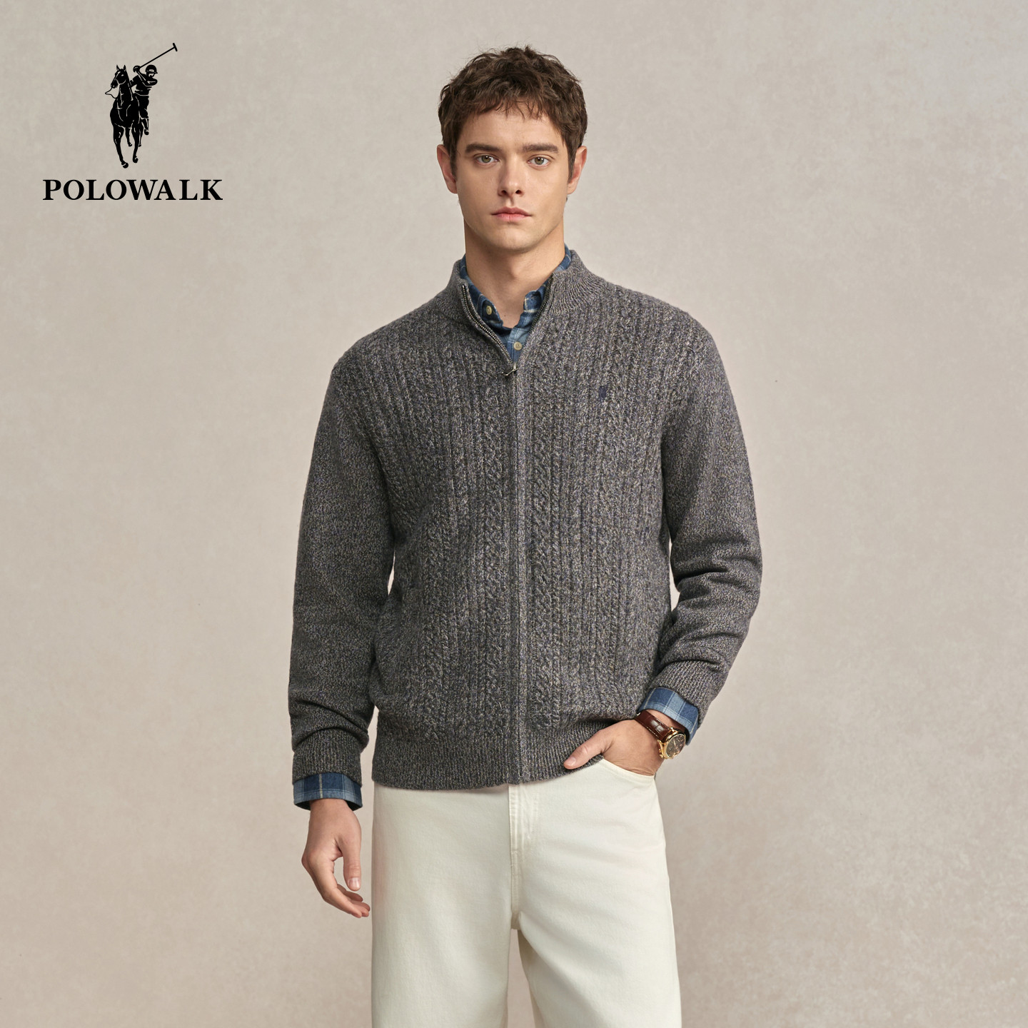 【100%绵羊毛】POLOWALK男式羊毛衫2025冬季新品半高领绞花开衫