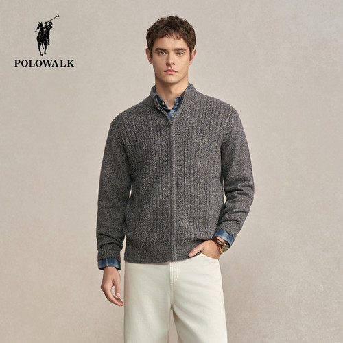 【100%绵羊毛】POLOWALK男式羊毛衫2025冬季新品半高领绞花开衫