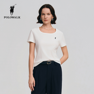 POLOWALK女式短袖2026春季新品女装简约方领显瘦修身T恤通勤短袖