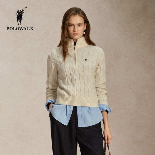 【含绵羊毛】POLOWALK女式针织衫2026秋冬季新品立领半拉绞花上衣