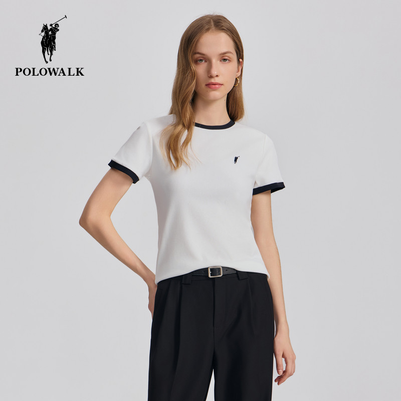 POLOWALK短袖圆领T恤女式春夏款撞色打底休闲时尚百搭显瘦上衣
