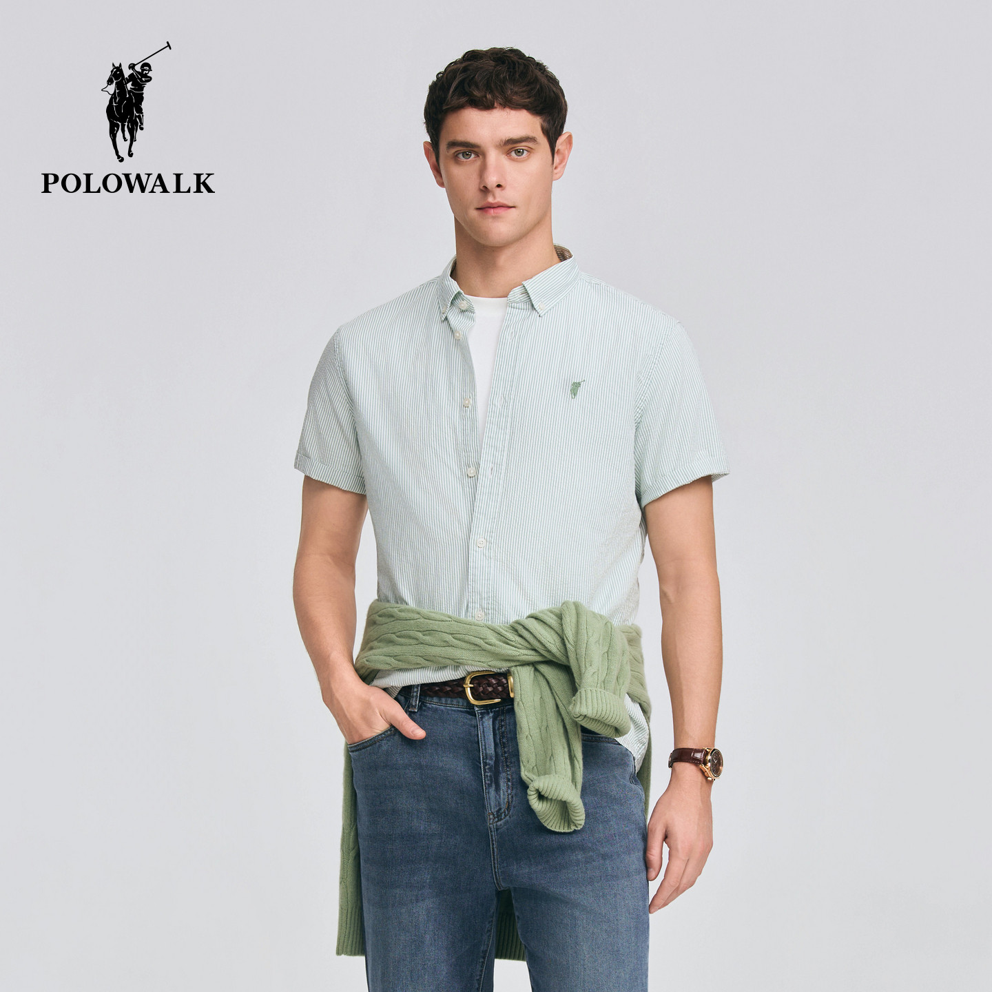 POLOWALK男式短袖衬衫2026夏季新品纽扣领细条纹休闲通勤短袖衬衫