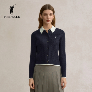 POLOWALK女式长袖针织衫2025秋冬新品纯色简约衬衫领针织开衫上衣