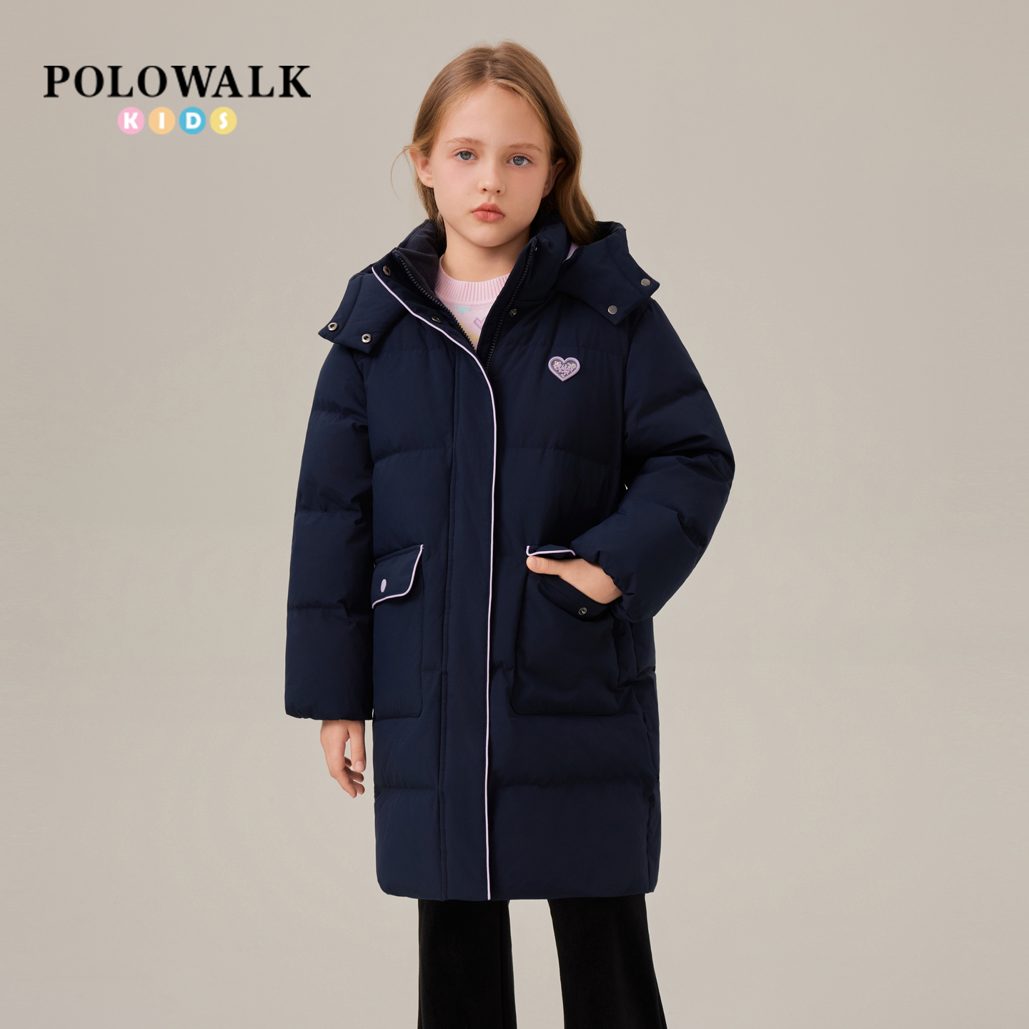 POLOWALK童装女童羽绒服2025冬季新品时尚保暖长款羽绒90鸭绒外套