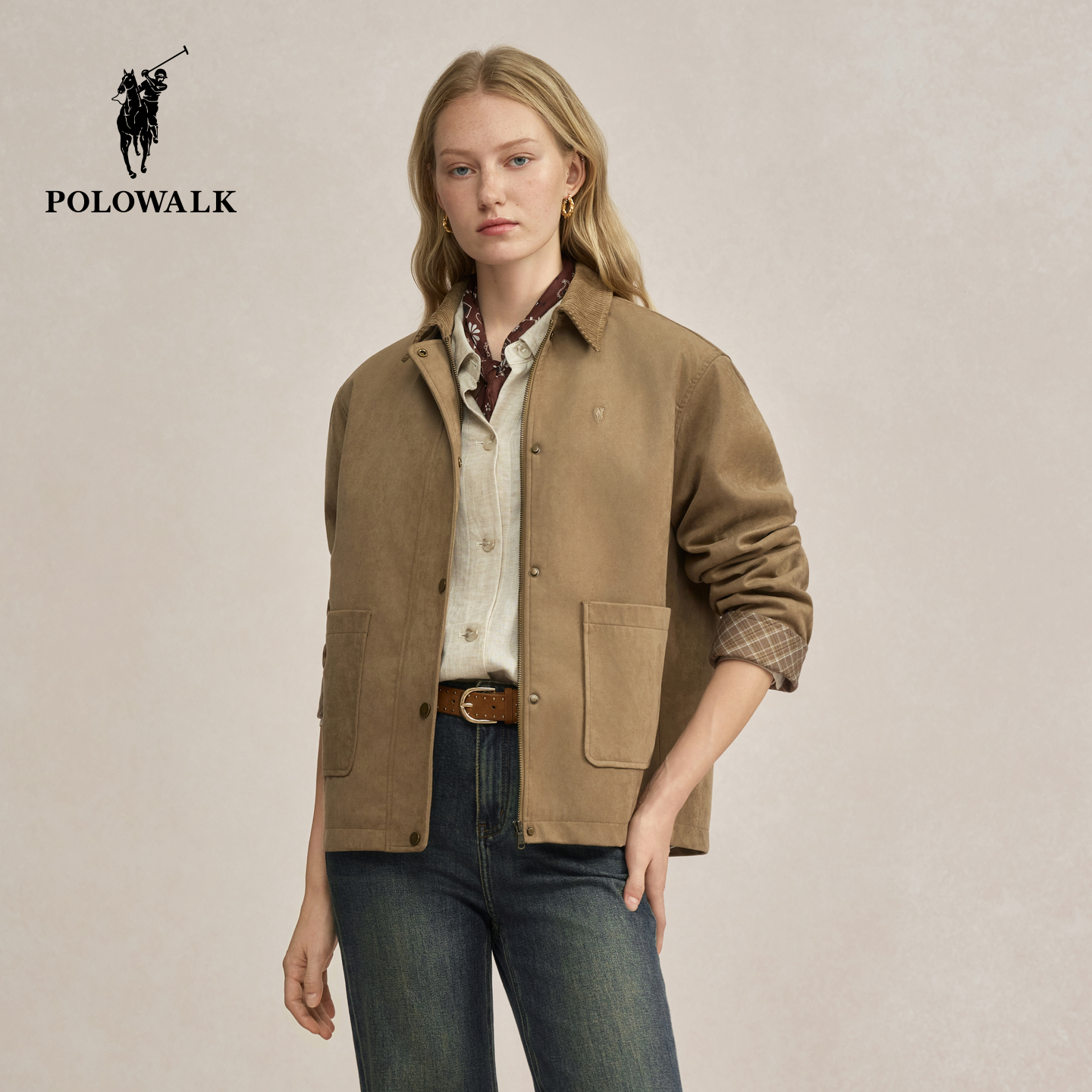 POLOWALK女式外套2025秋季新品时尚复古百搭翻领直筒外套上衣女