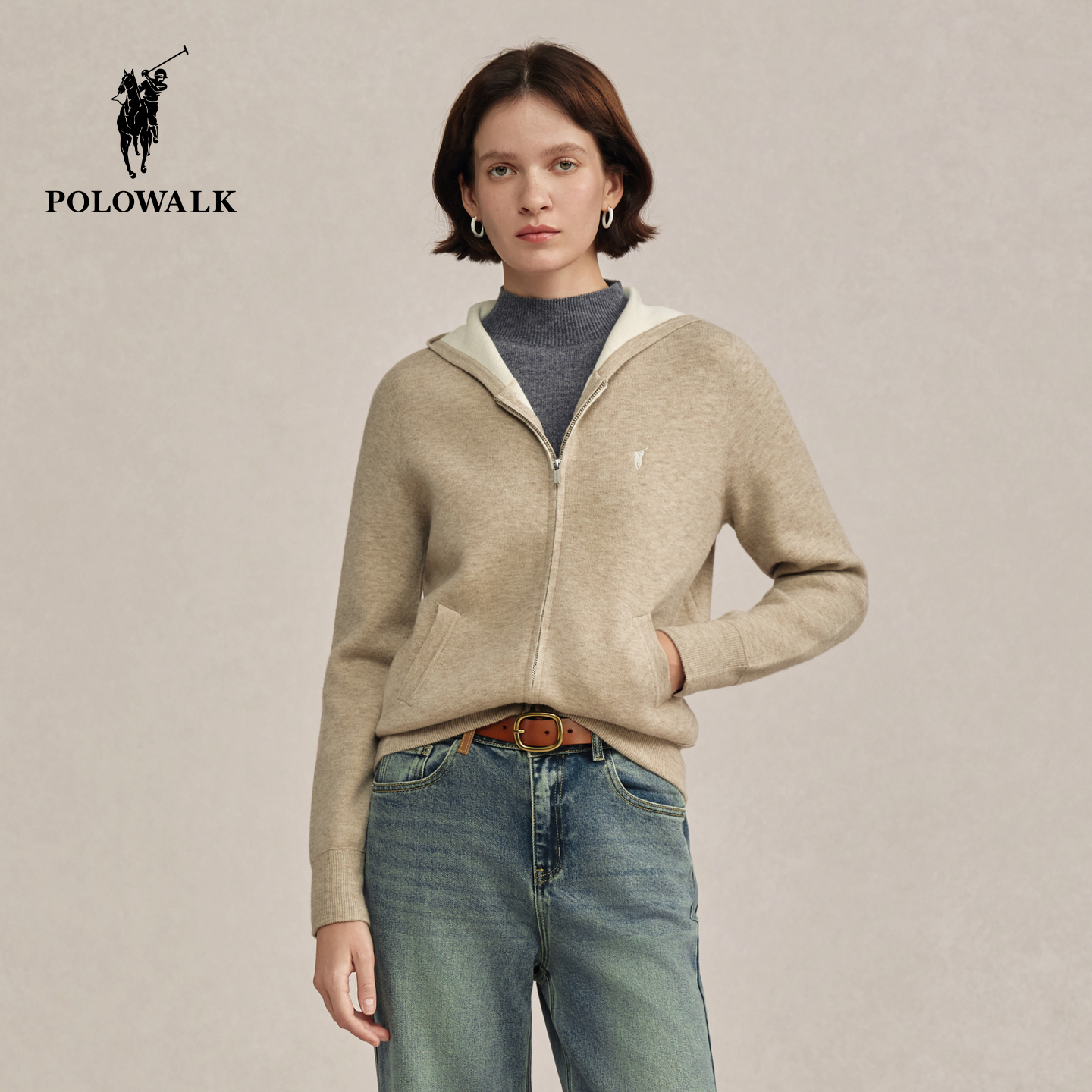 POLOWALK女式长袖针织衫2025冬季新品百搭显瘦连帽休闲针织开衫女