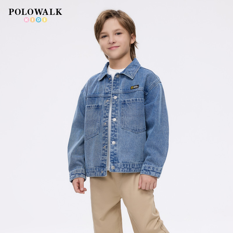 POLOWALK童装男童牛仔外套春季翻领时尚帅气牛仔蓝休闲上衣儿童