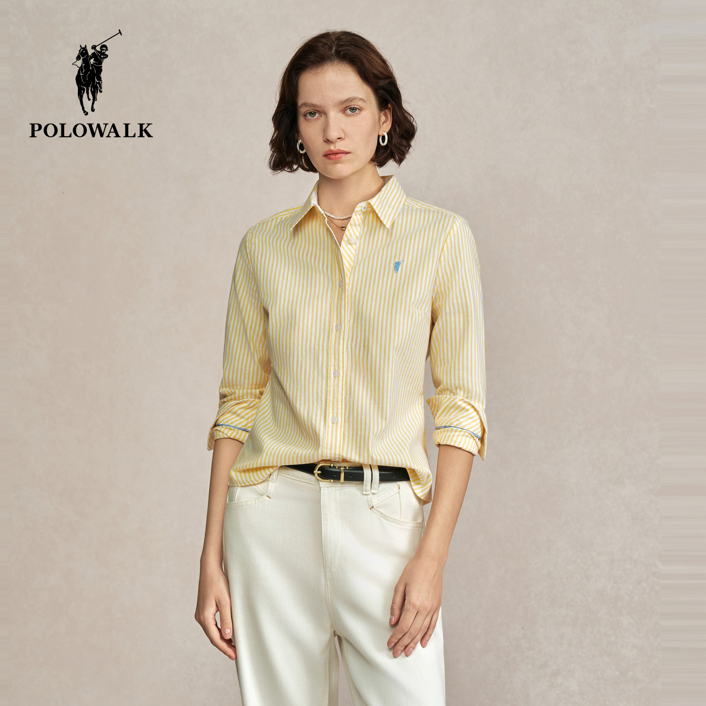 POLOWALK女式长袖衬衫2026春季新品翻领条纹显瘦休闲衬衣内搭女款