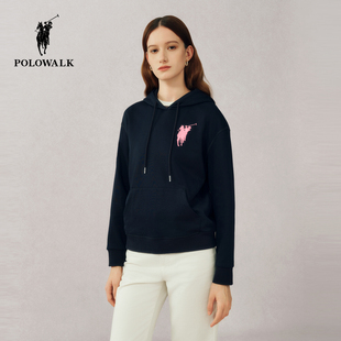 POLOWALK女士连帽加绒卫衣秋冬新款撞色学院风小个子简约卫衣外套