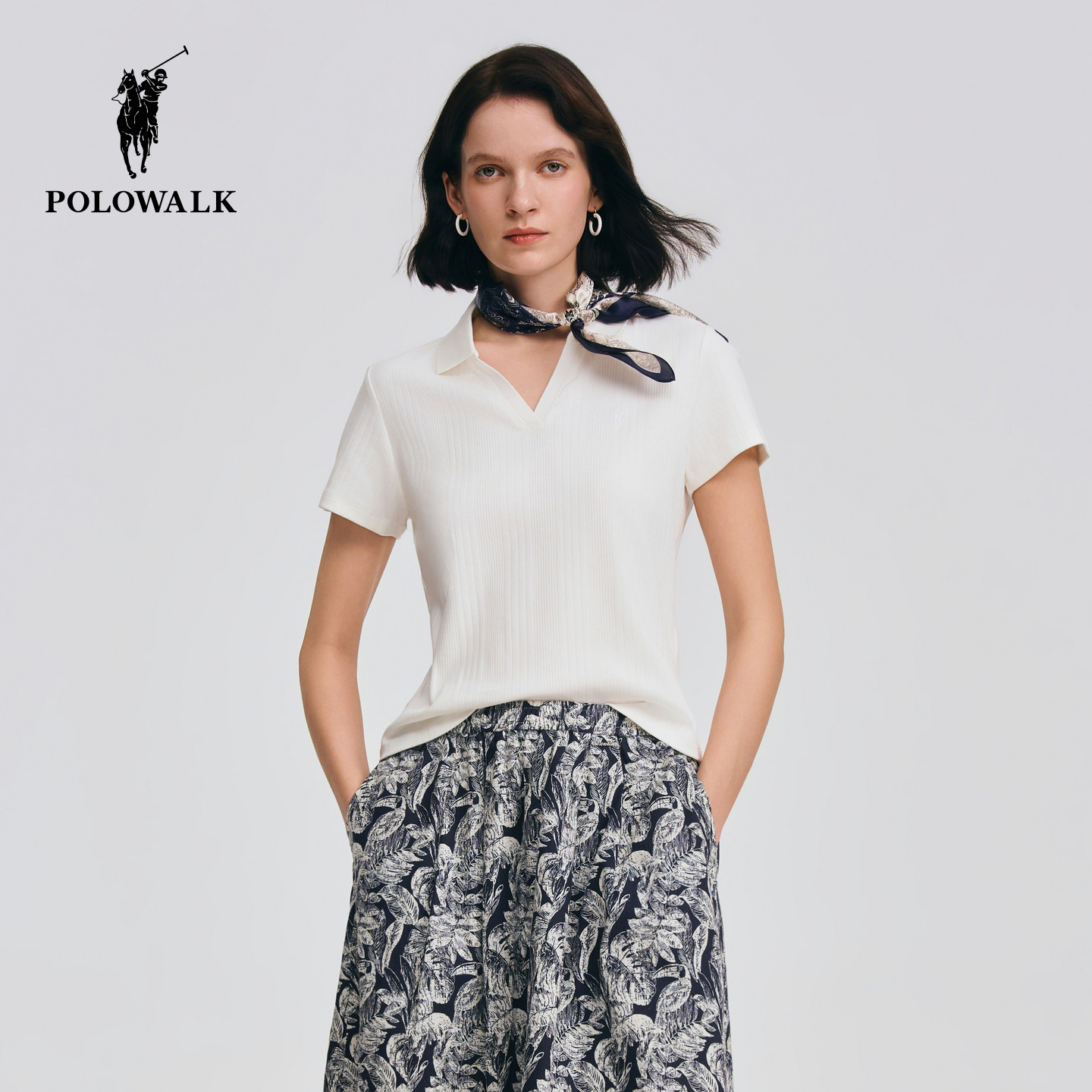 POLOWALK女式短袖2026春季新品简约纯色翻领短袖V领修身显瘦T恤