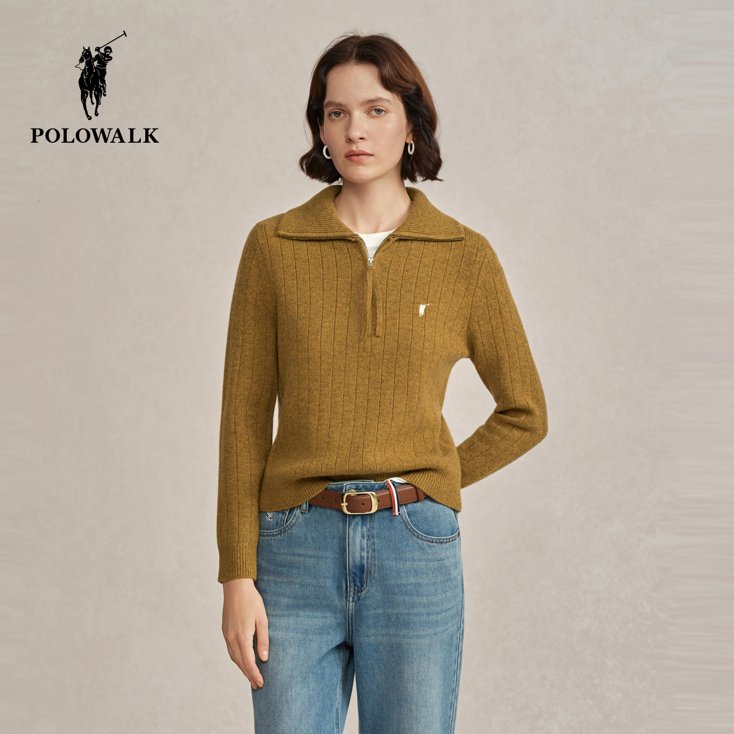 【100%绵羊毛】POLOWALK女式羊毛衫2025冬季新品套头翻领羊毛衫女